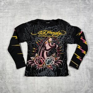 Ed Hardy Shirt Youth XS Black Panther Tattoo Graphic Y2K Long Sleeve Layered